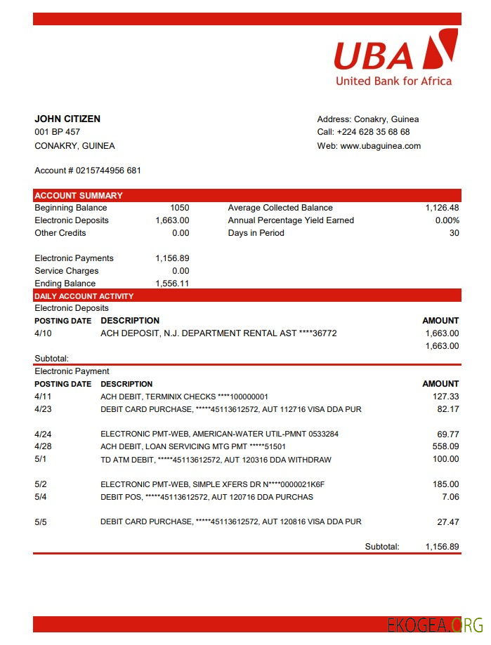 Modèle de relevé bancaire Guinée UBA au format Excel et PDF